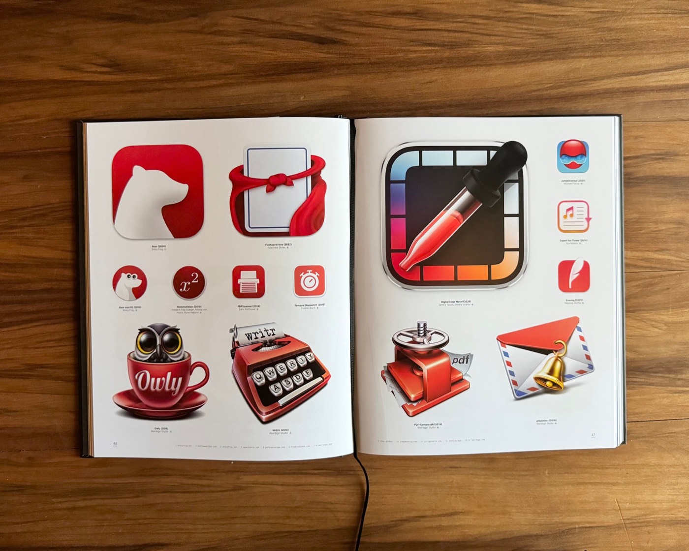 An open App Icon Book showing a red app icon gallery